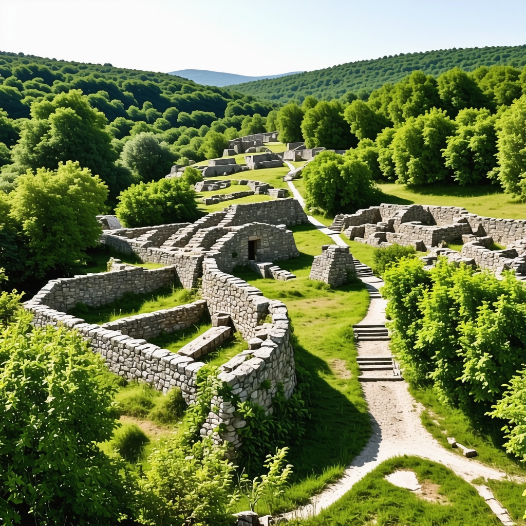 Panoramic view of Graçanica archaeological ruins surrounded by green forests and hiking paths illustrating sustainable tourism