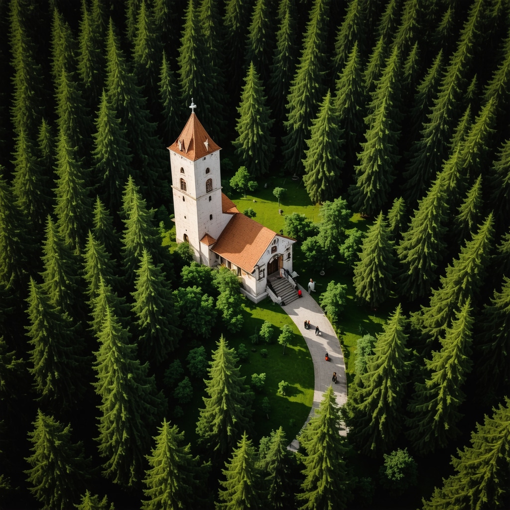 Drone görüntüsü ile Graçanica Manastırı, çevresindeki orman ve sensörlerle donatılmış doğa yürüyüş yolları