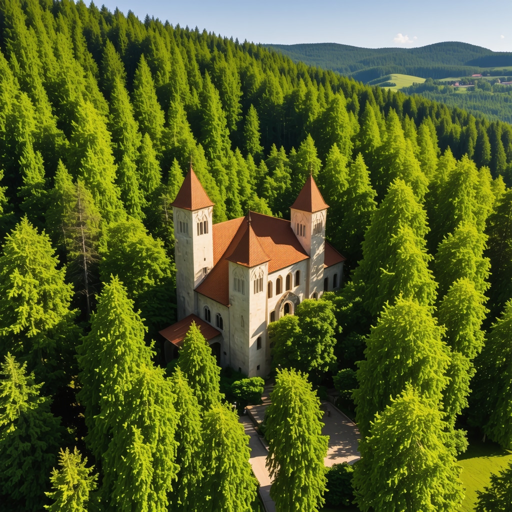 Graçanica Manastırı ve çevresinde doğa yürüyüşü rotaları ve gözlem kuleleri ile zengin Balkan ormanı drone görünümü