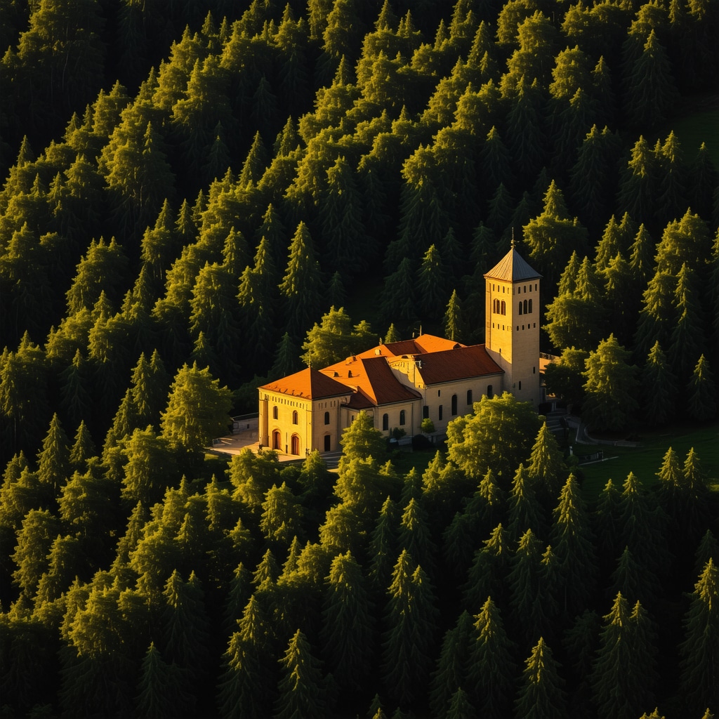 Panoramic image showing Graçanica Monastery nestled in vibrant green forests with warm sunlight
