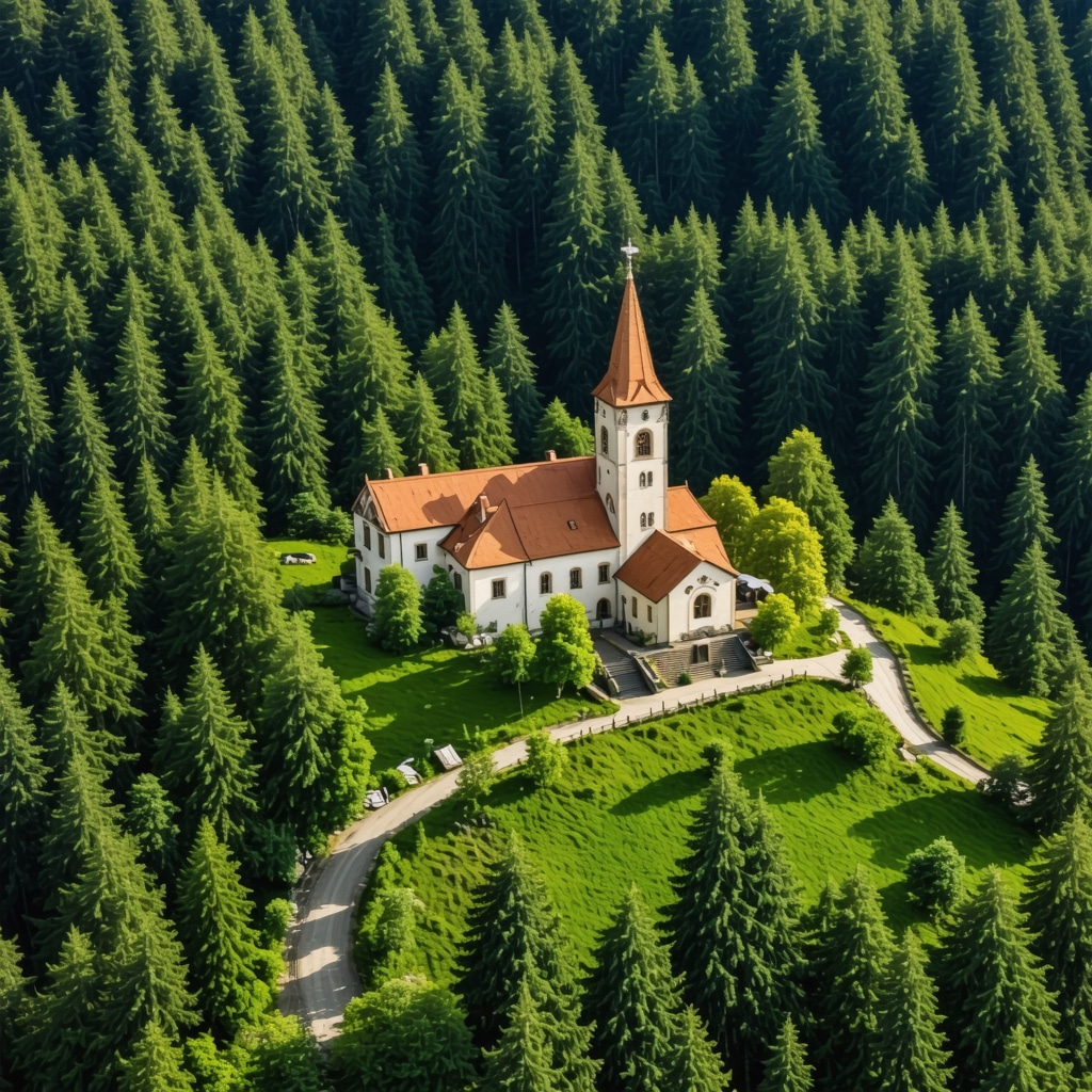 Aerial image showcasing Graçanica Monastery surrounded by forests with visible hiking paths emphasizing sustainable tourism