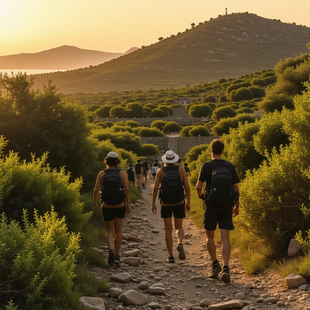 Hikers with expert guide walking in Apollonia archaeological site surrounded by Mediterranean plants during sunset