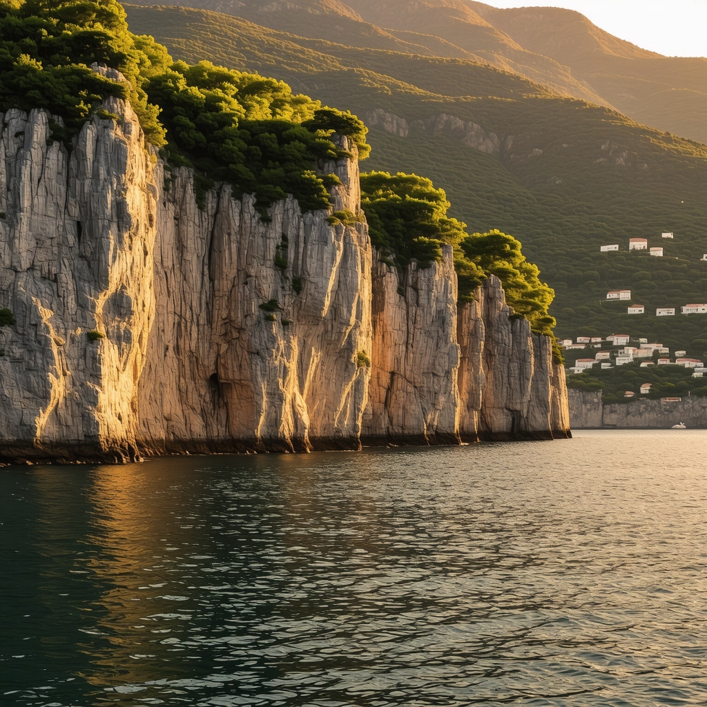 Panoramic view of rocky cliffs and Adriatic Sea at sunrise in Herceg Novi