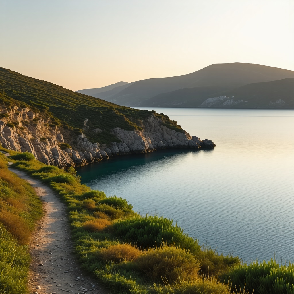 A peaceful hidden cove in Santorini with volcanic rocks and calm sea during sunset