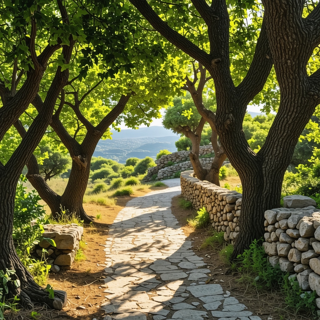 A peaceful nature trail in Rhodes with lush greenery and ancient ruins under soft sunlight