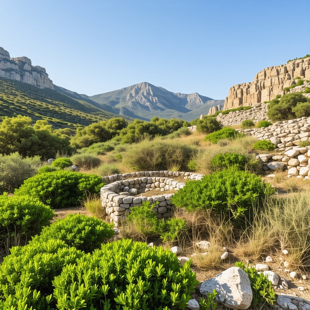 Panoramic view of a hidden valley in Crete showing archaeological ruins among endemic Mediterranean plants and mountainous terrain