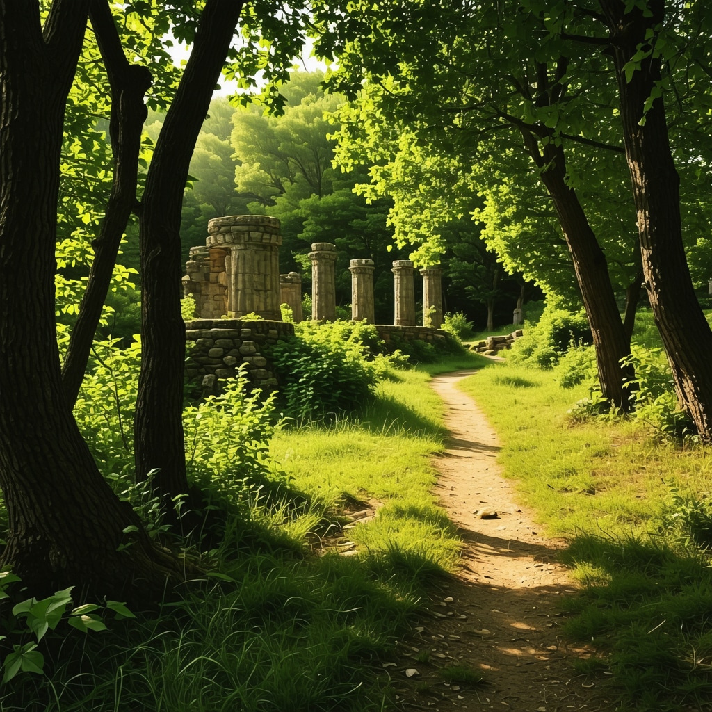 A quiet forest path with ancient stone ruins surrounded by dense green foliage near Sozopol