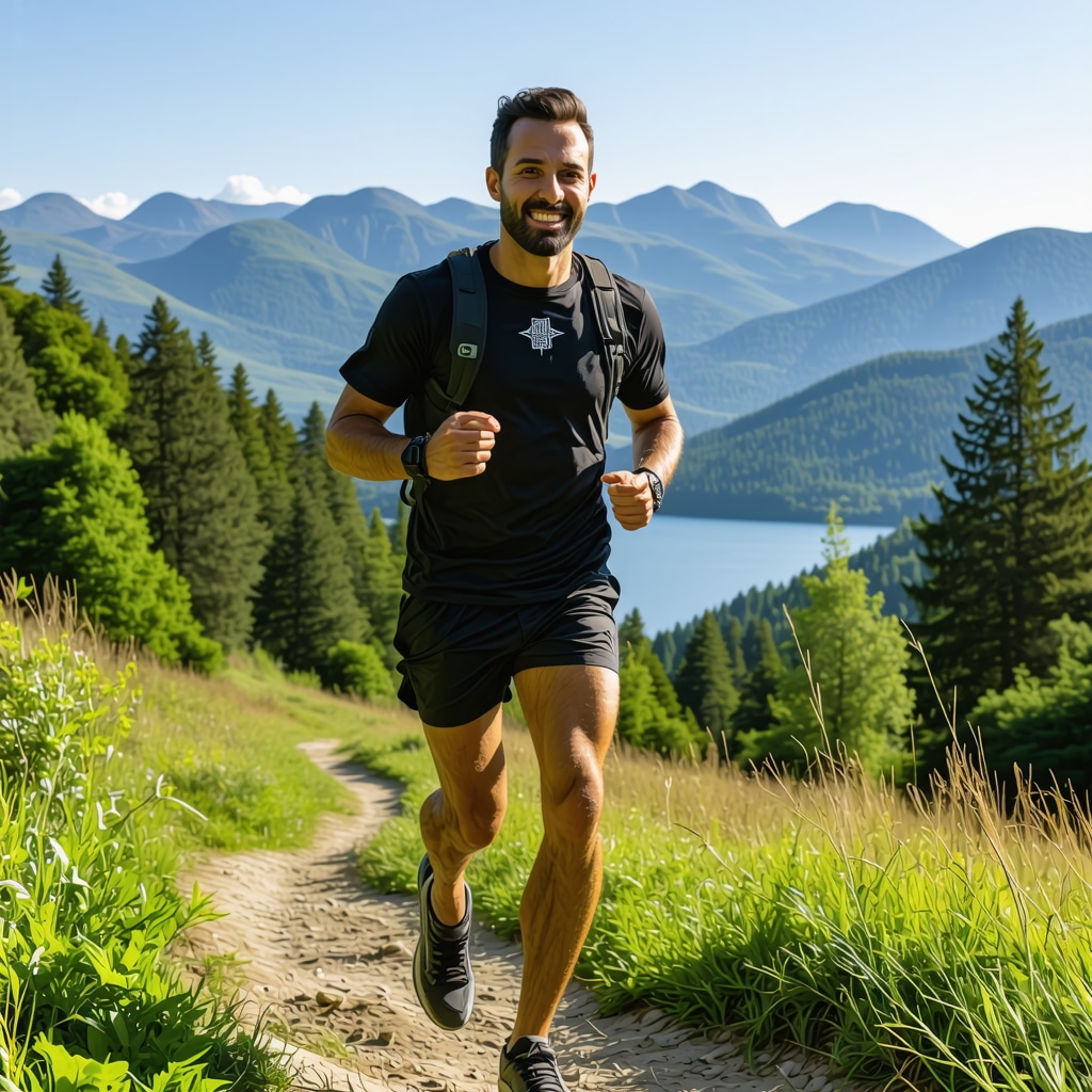 Trail runner equipped with GPS and biometric sensors running in the mountains near Mavrovo Lake