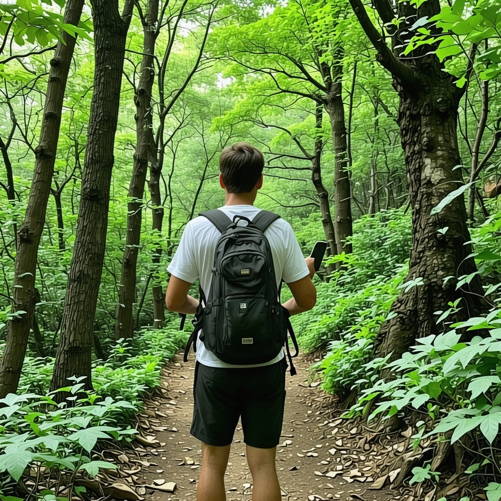 Hiker with smartphone viewing augmented reality information on a Xanthi forest trail