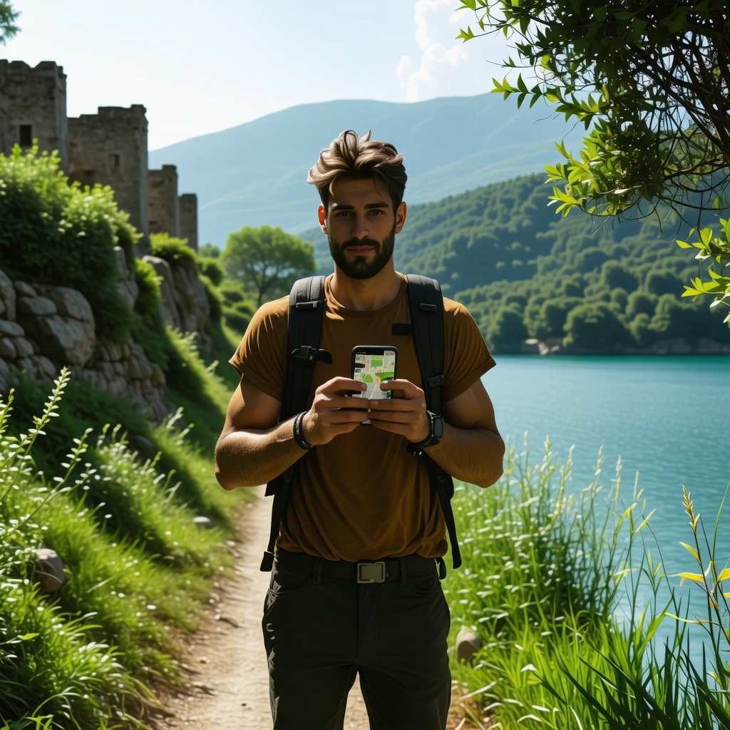 A hiker holding a smartphone displaying GPS and augmented reality information on a trail near Pamvotis Lake in Ioannina, surrounded by nature and ruins