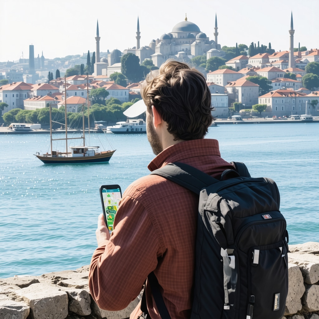 Person holding smartphone with AR and GPS navigation on Istanbul walking trails