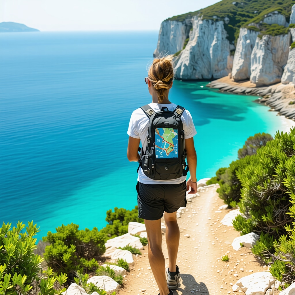 Hiker with smartphone displaying AR map on Foça coastal trail with sea and cliffs