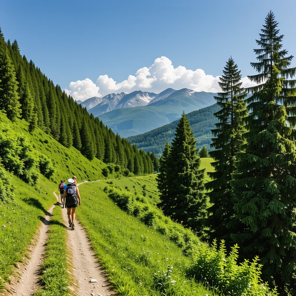 Hikers walking on a forested mountain trail in Mavrovo National Park with panoramic landscape