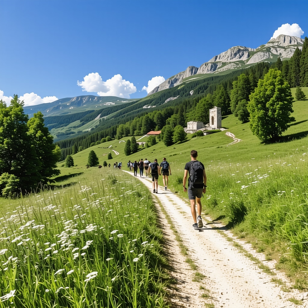 Hikers walking on a trail in the Šar Mountains with visible historical ruins and green landscape
