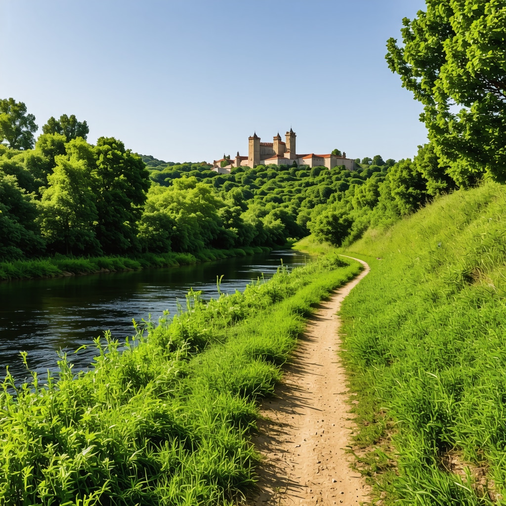 Scenic hiking trail by Mureş River with historic castle in the background in Arad