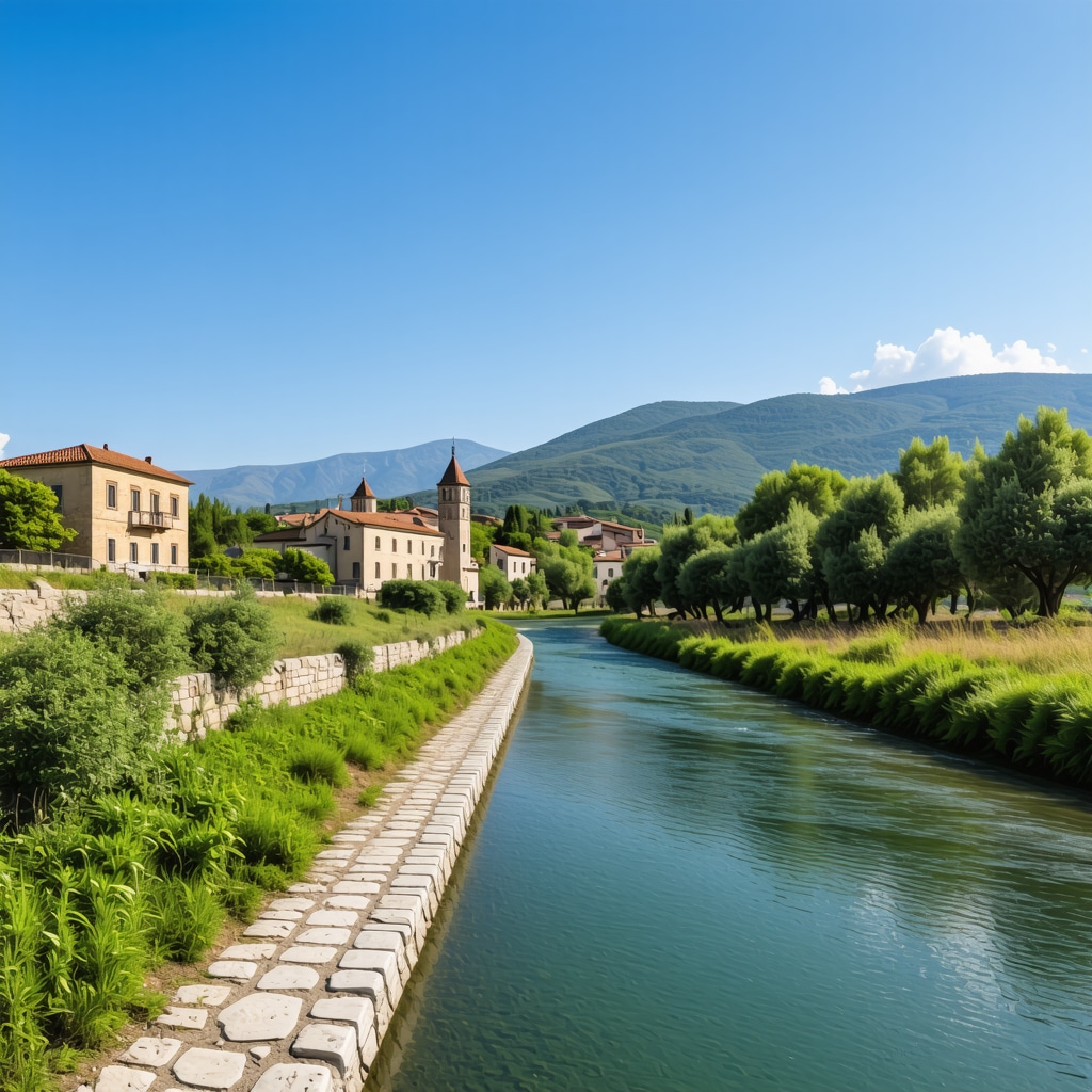 Nature trail by Nestos River with Ottoman buildings in Xanthi, Greece