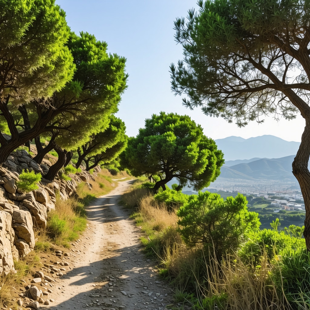 Lush green hiking trail with city view in the distance at Dajti Mountain National Park