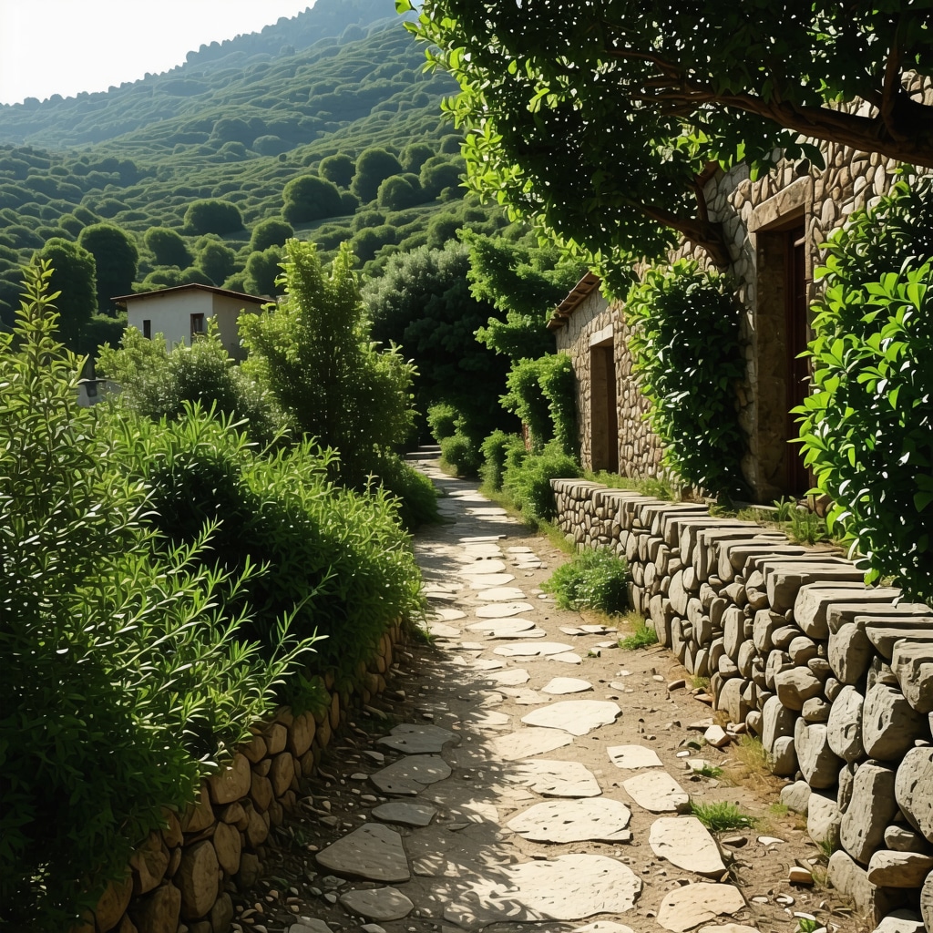 Hiking trail in Himara with green trees and traditional stone houses blending nature and culture