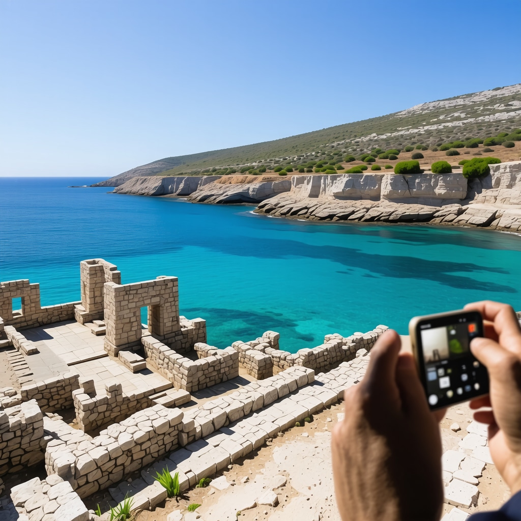 Panoramic view of Himara Körfezi with coastline, historical ruins enhanced by augmented reality, and tourists using mobile technology