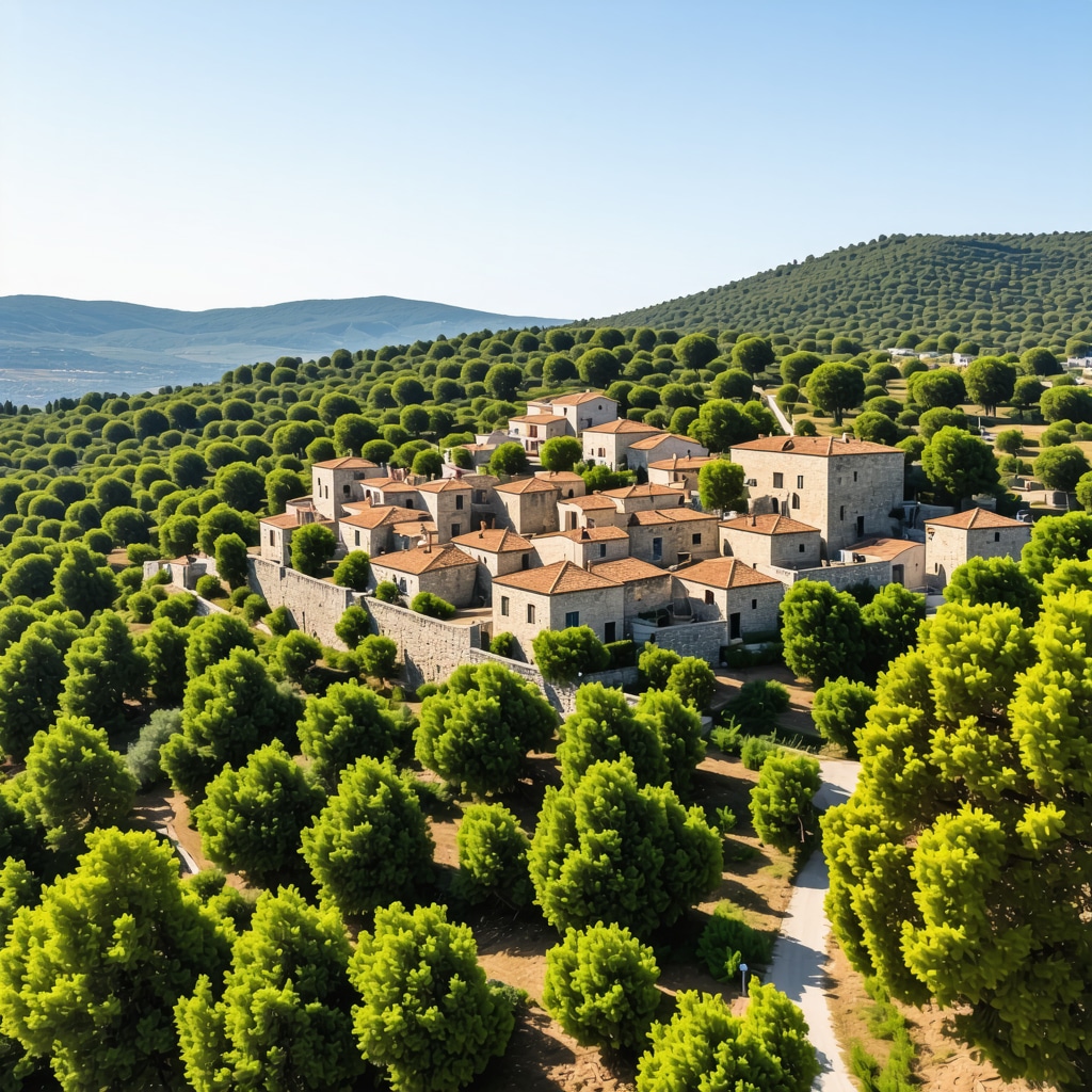 Aerial view of Rhodes historic village integrated with natural green landscapes illustrating sustainable tourism and heritage conservation