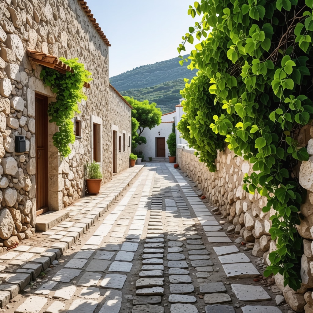 Cobblestone street in a traditional Rhodes village with stone houses and greenery