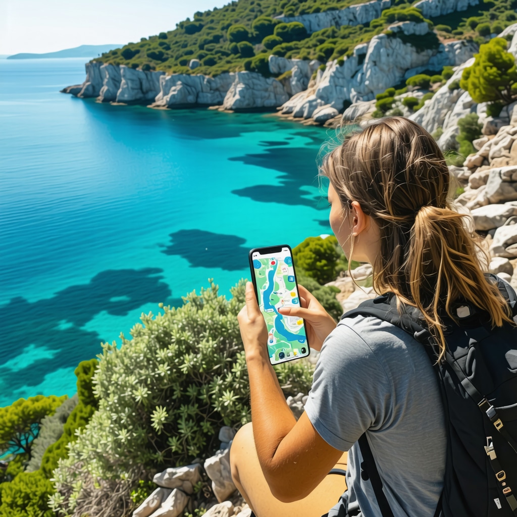 Hiker on Hvar Island using smartphone showing digital map on coastal trail with turquoise water and greenery