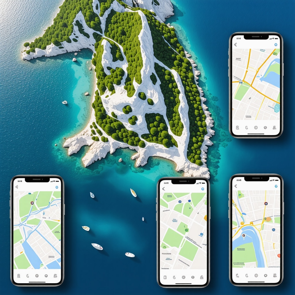 Aerial shot showing Hvar Island's nature trails, Adriatic Sea, and tourists using mobile apps for eco-friendly navigation