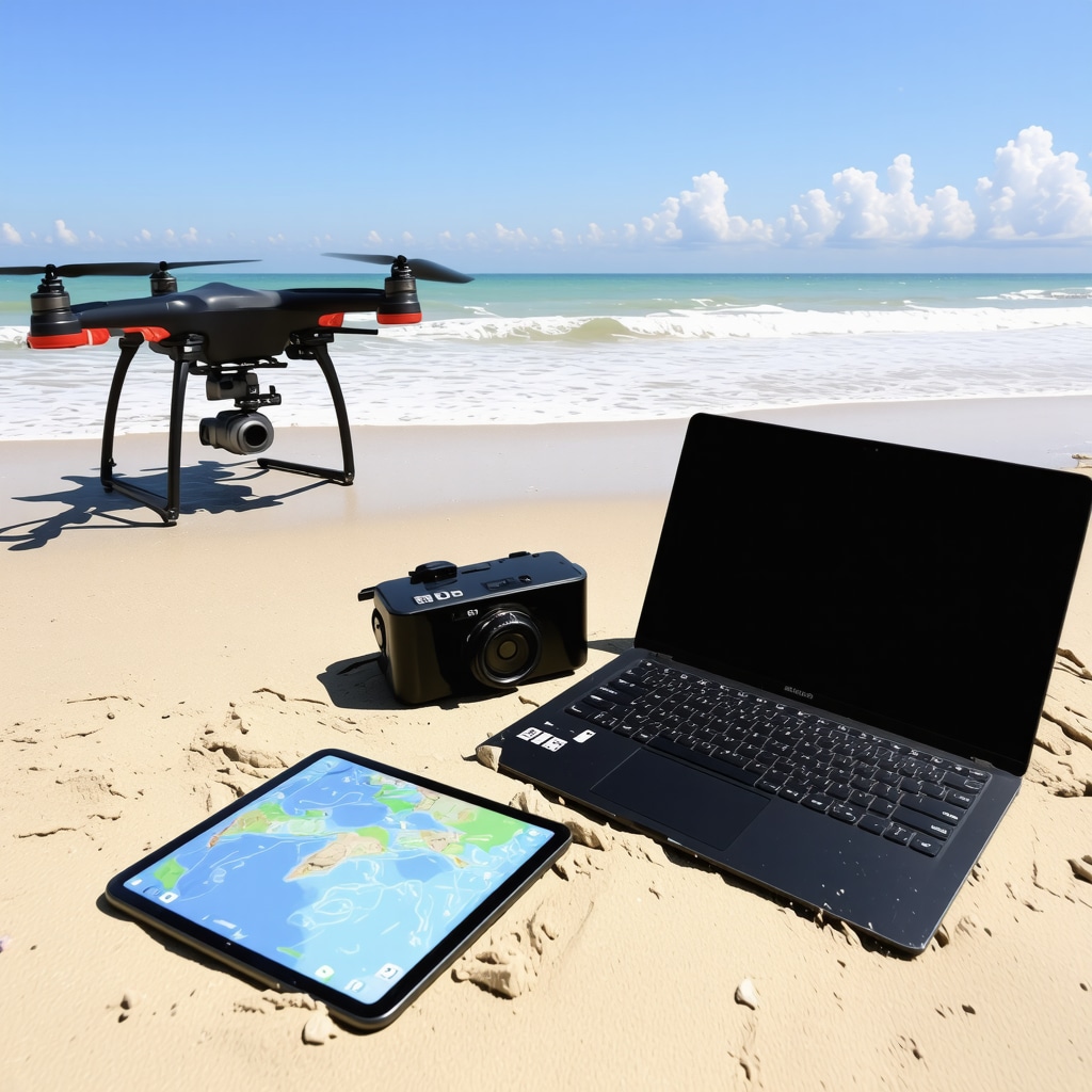 Drone and GIS technology used for coastal ecosystem monitoring alongside solar-powered water sports equipment at Mamaia beach