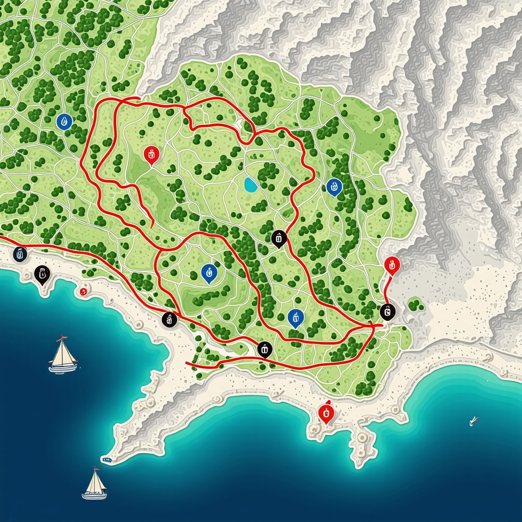 Topographic hiking trail map around Sveti Stefan Sarayı with ecological and technological markers