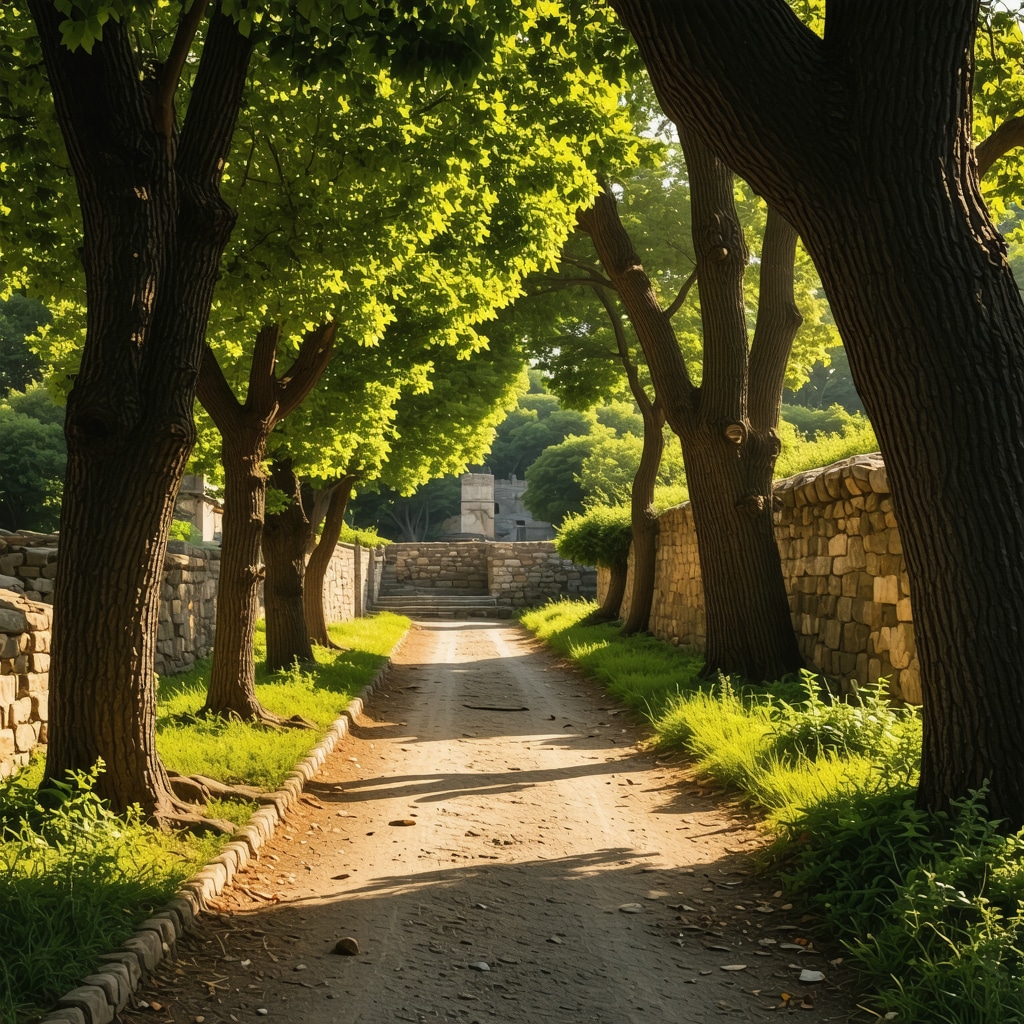 Hiking trail in Istanbul with historical ruins and greenery under soft sunlight