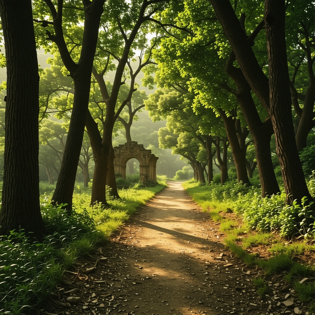 A peaceful walking trail in Istanbul showing forest and ancient ruins