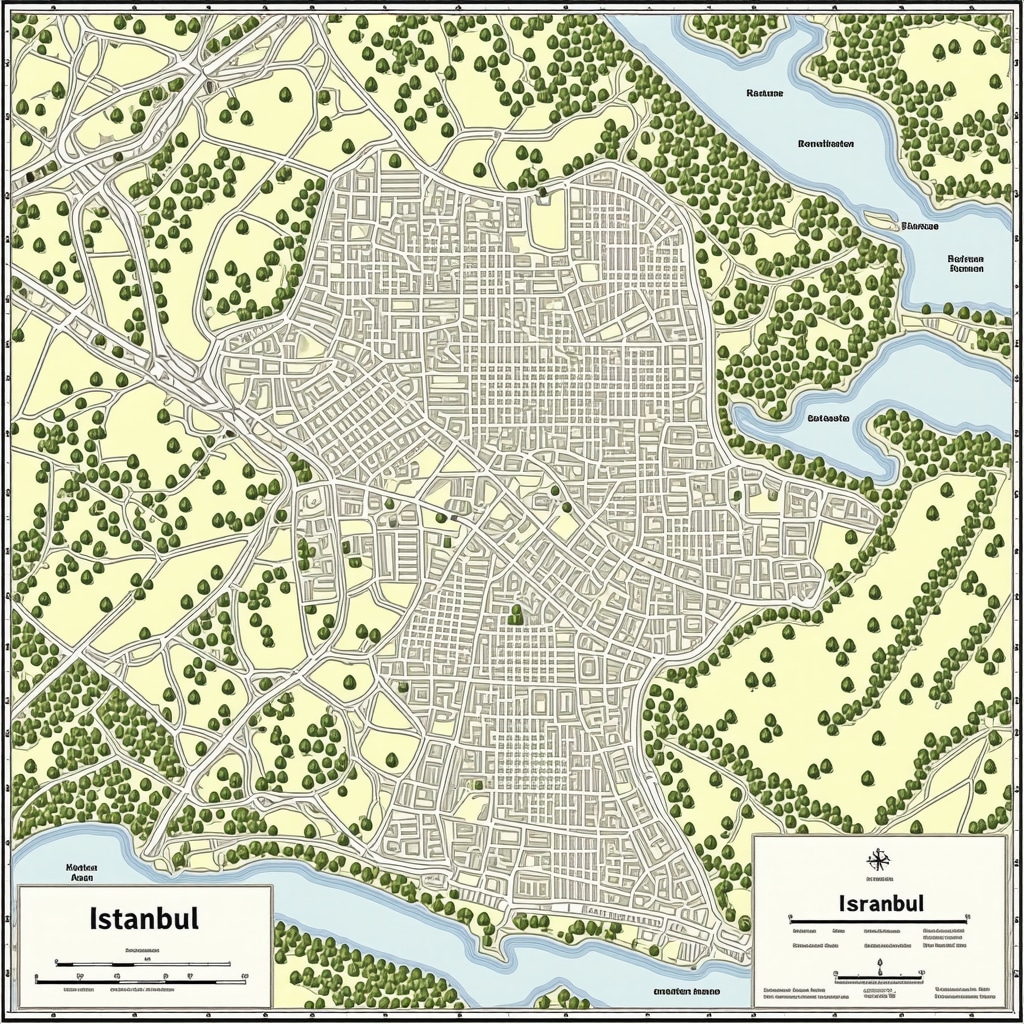 Map illustrating Istanbul's hidden nature parks and historical routes with ecological and archaeological details