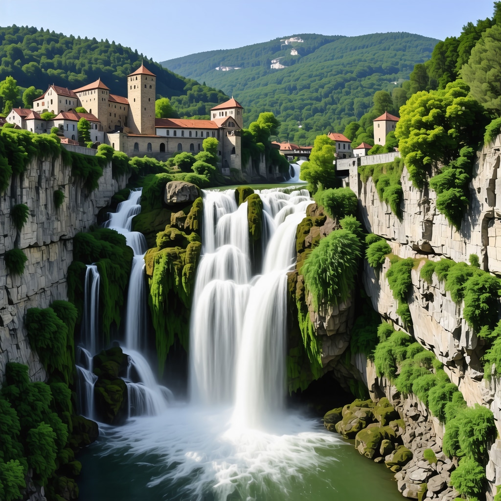 Panoramic view of Jajce castle and waterfalls with digital AR effects symbolizing tourism technology