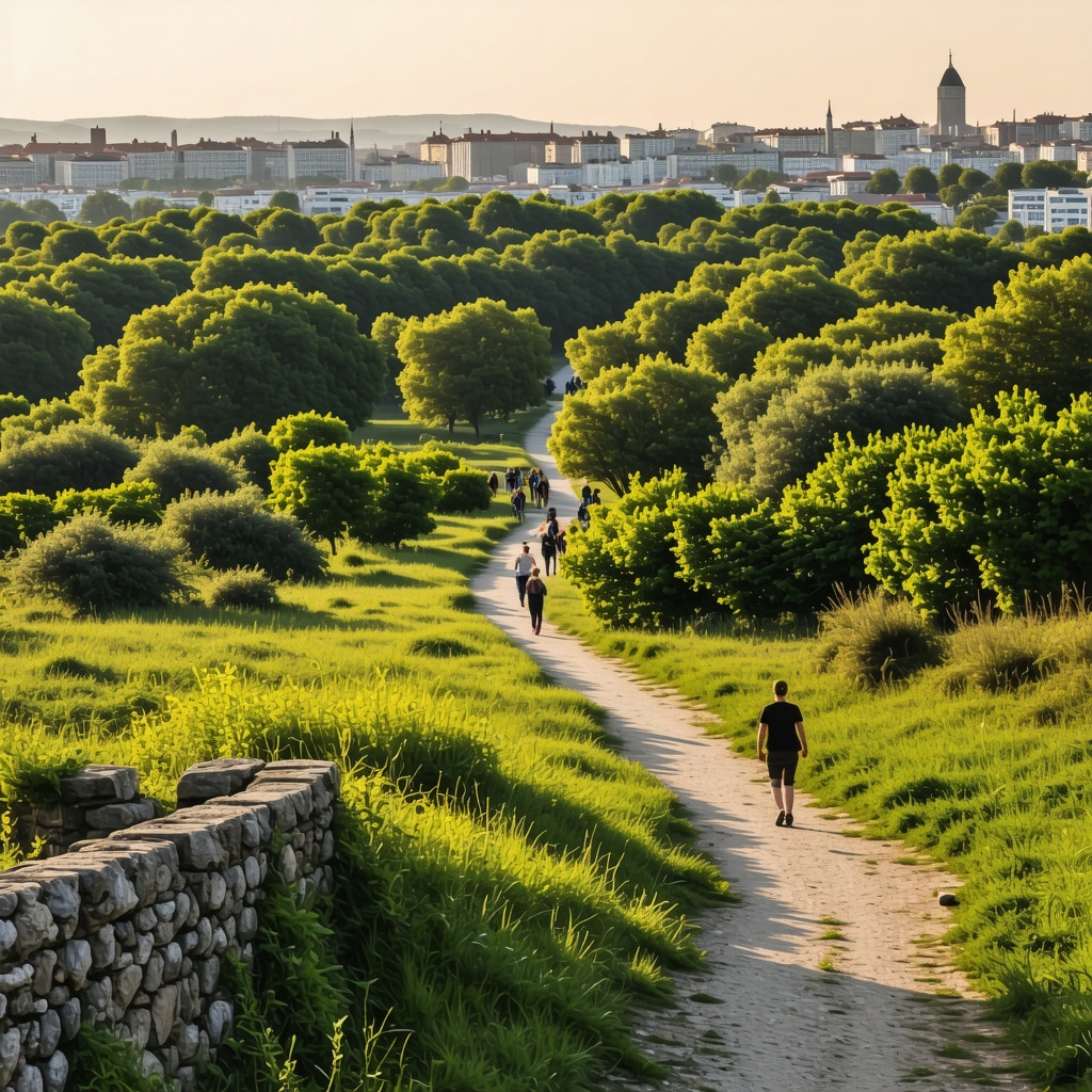 Panoramic image showing hikers walking through Kalemegdan Park with historic ruins and lush greenery in Belgrad during sunset