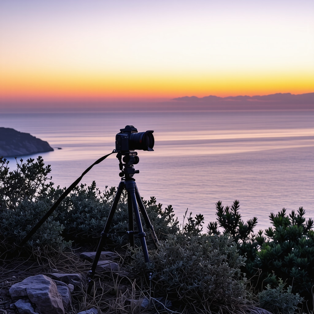 Tripod üzerinde DSLR kamera ile Kavala Kale Tepesi'nden gün batımı manzarası