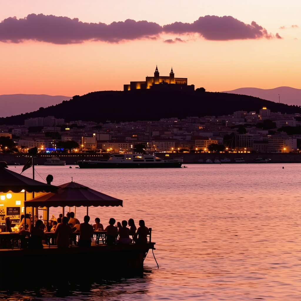 Kavala limanında gün batımı sırasında tarihi kale silueti ve yerel müzik festivali atmosferi