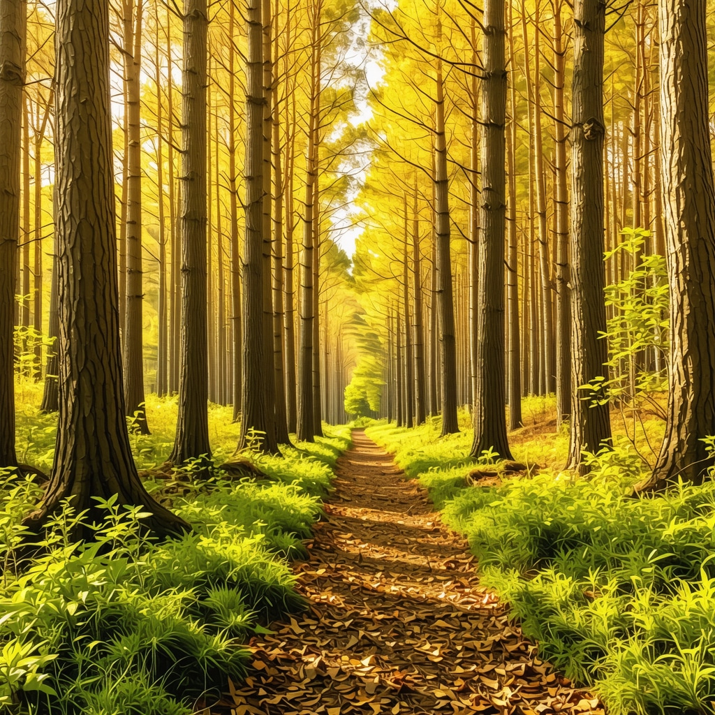 Golden autumn forest trail in Kırklareli with sunlight filtering through trees
