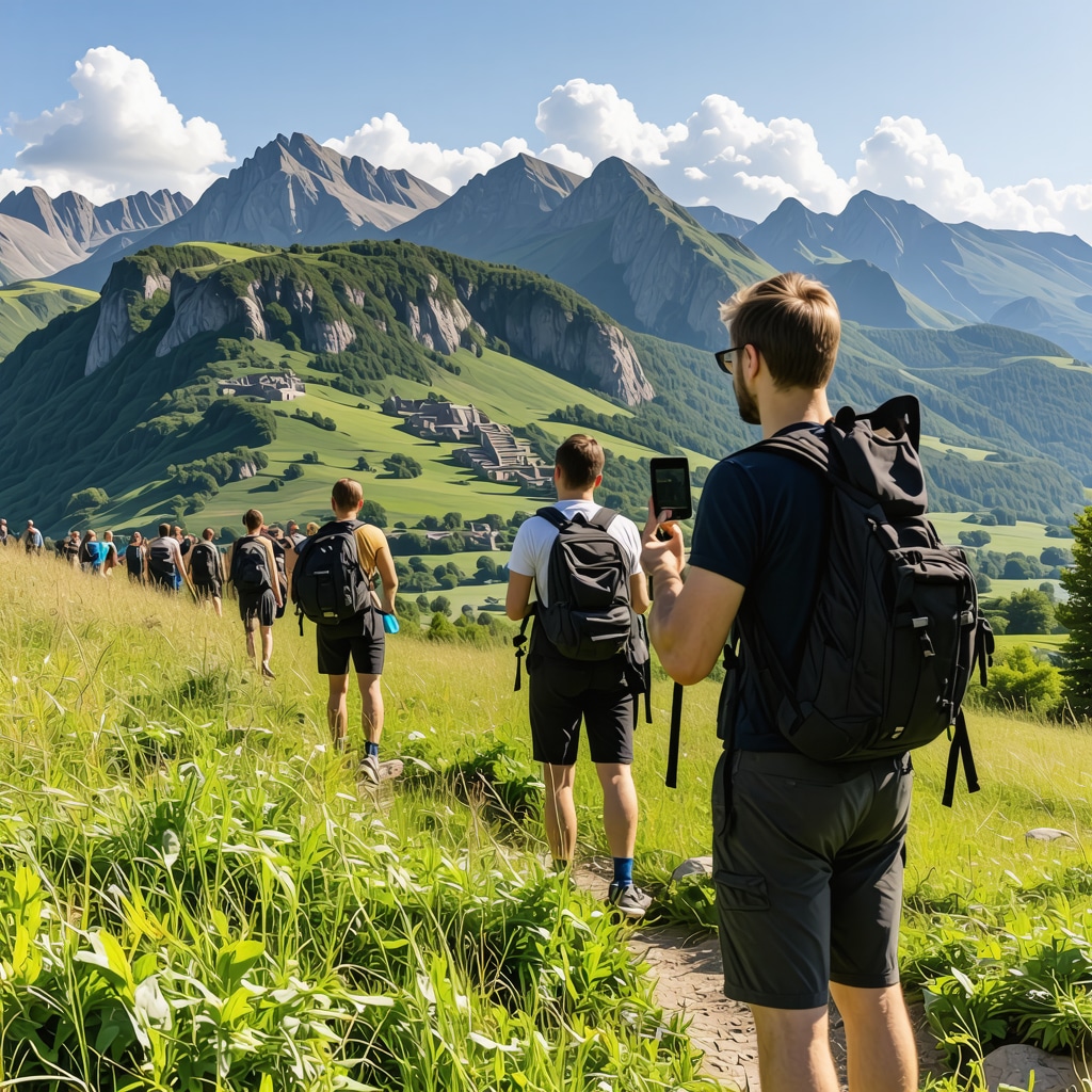Hikers in Knjaževac's Stara Planina mountains using augmented reality and GPS devices with historical ruins visible