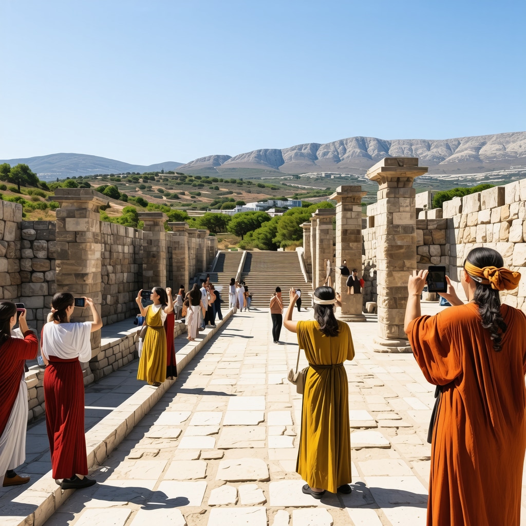 Girit'te Knossos Sarayı arkeolojik alanında artırılmış gerçeklik teknolojisi kullanan turistler