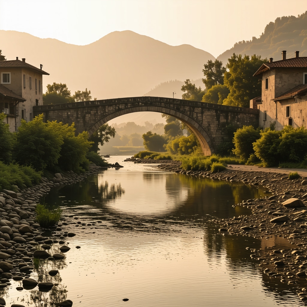 Historic stone bridge over Neretva river in Konjic with sunrise light and mist