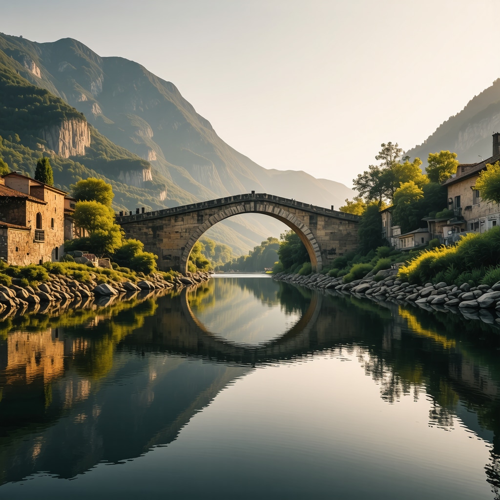 Historic Konjic stone bridge over Neretva River with digital AR elements at sunrise