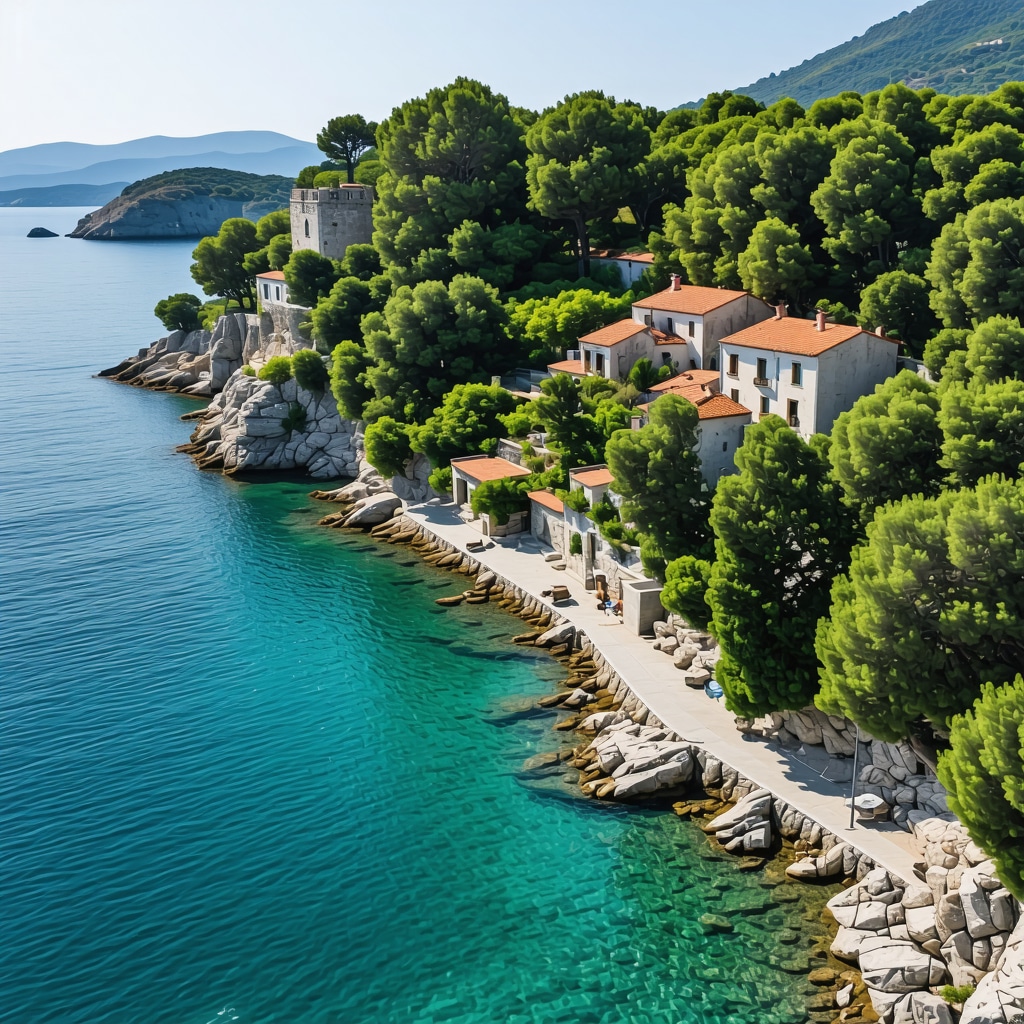 Korčula adasında sürdürülebilir turizm ve dijitalleşme uygulamalarını gösteren havadan çekim