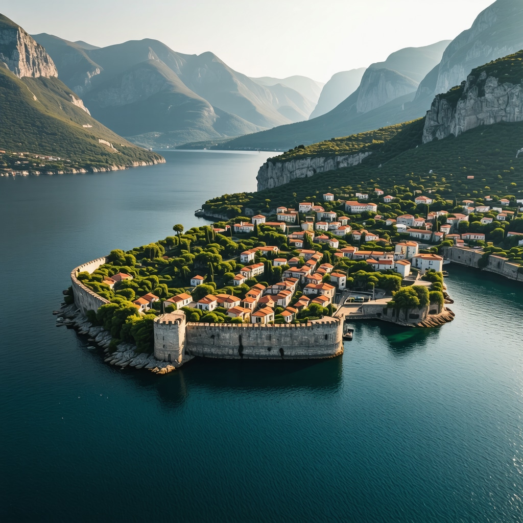 Golden hour drone view of Kotor Bay with historic walls and mountains