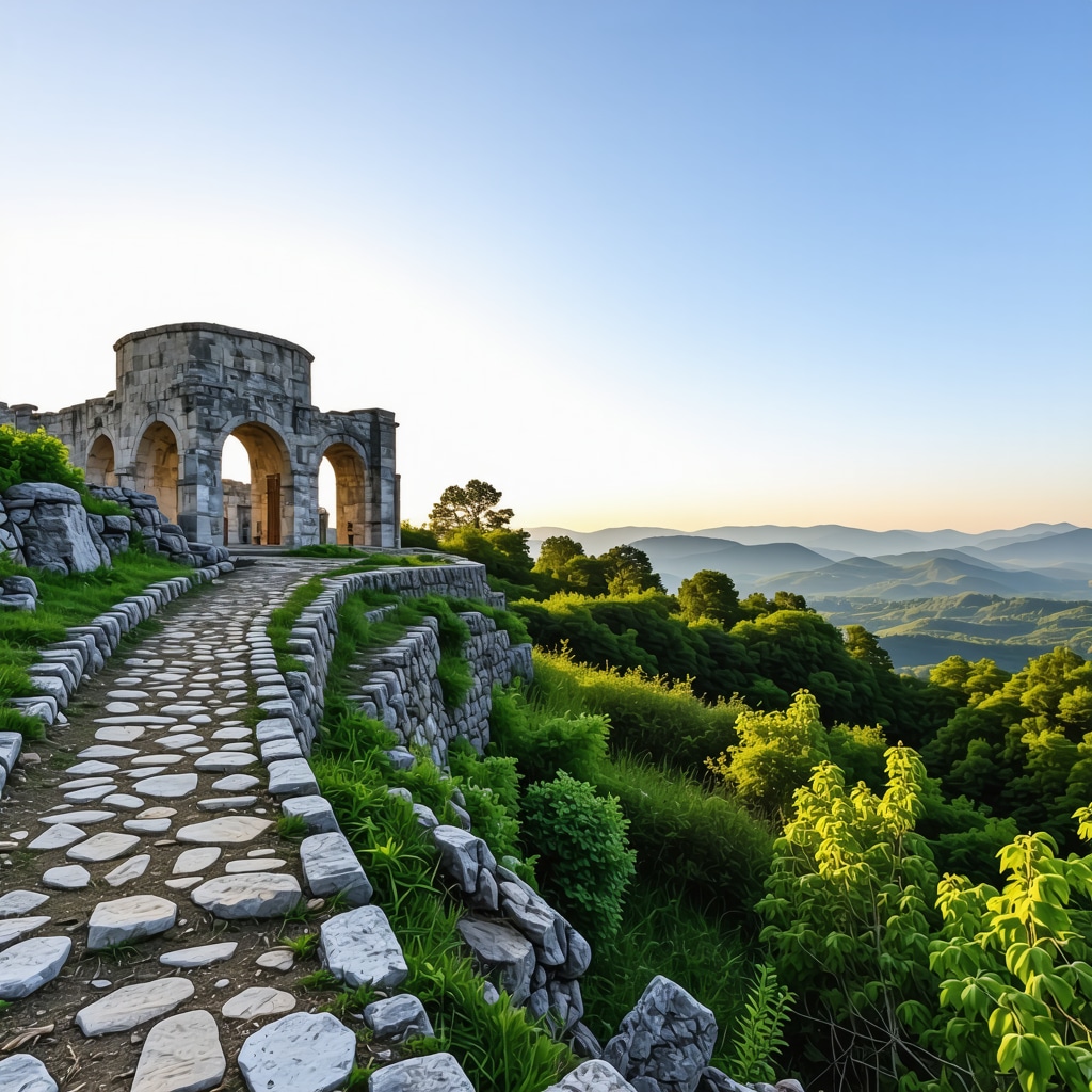 Panoramic view of Kranj hiking trails and historic ruins surrounded by lush greenery at sunrise