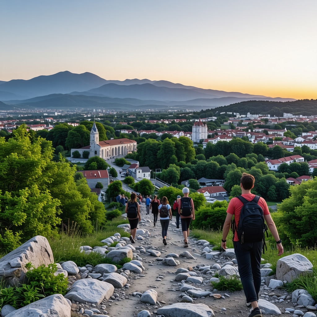 Panoramic sunrise view of Kranj from Šmarjetna gora with hikers and historical ruins