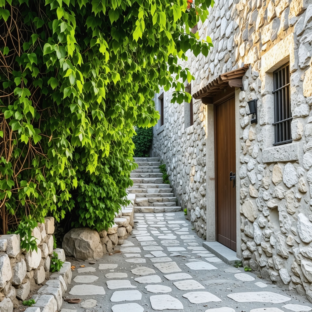 Panoramic view of Kruja's historic stone streets and lush greenery around Kruja Castle in warm golden light
