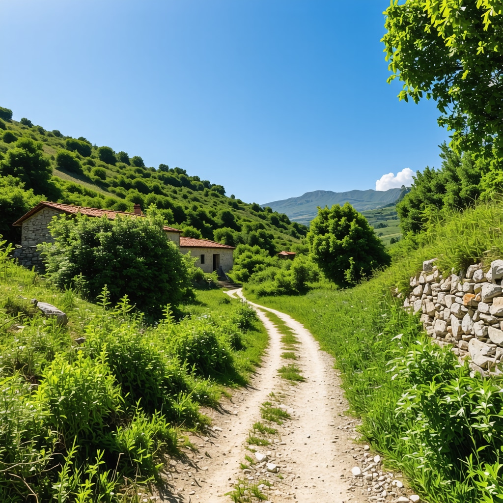 Hiking trail in Kumanova with green trees and traditional stone houses