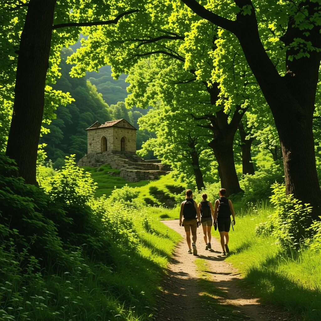 Hikers walking on a forest trail near Kumanova with sunlight and historic stone structures