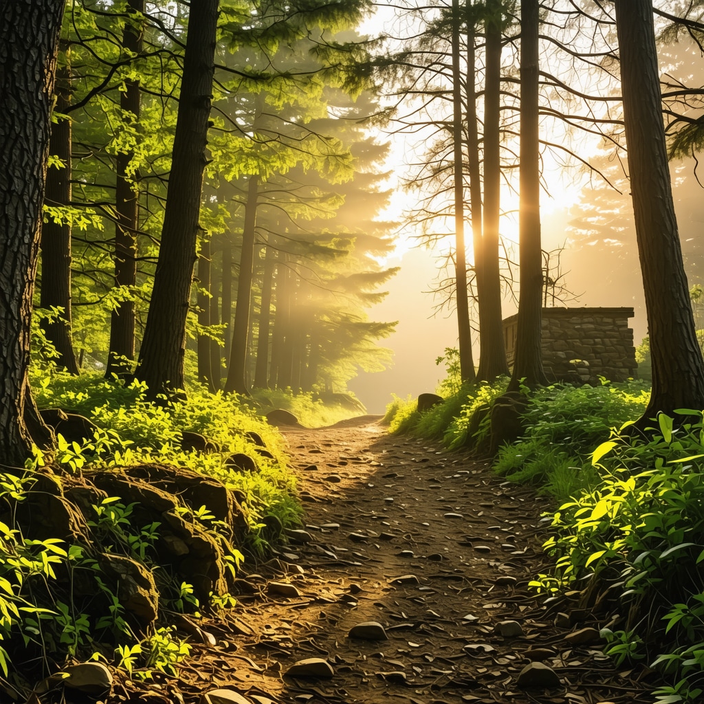 A scenic nature trail in Kumanova surrounded by lush forests and historic stone buildings during golden hour