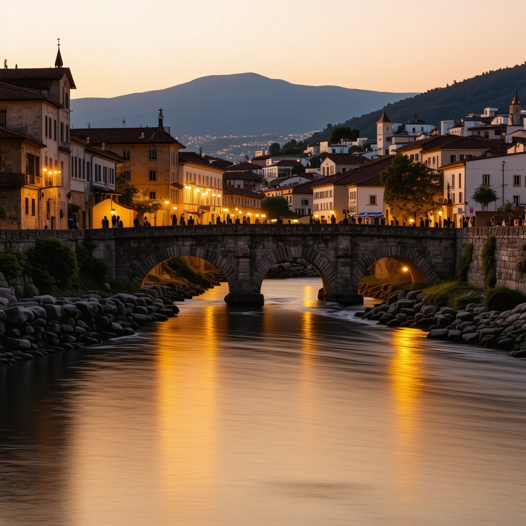 Photographer taking long exposure photo of historic stone bridge and buildings in Prizren during golden hour